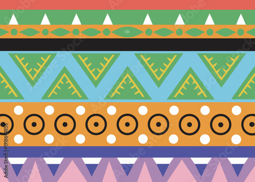 Colorful geometric pattern with horizontal bands of triangles and circles in vibrant colors