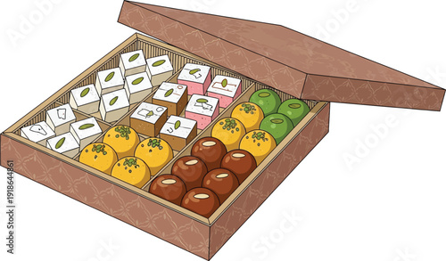 Assortment of traditional Indian sweets in an open gift box a colorful hand-drawn illustration perfect for cultural celebrations and festive occasions