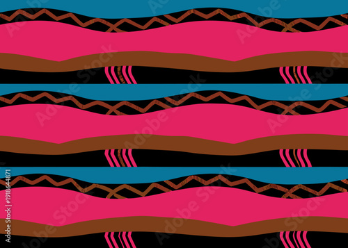 Abstract seamless pattern with vibrant pink, teal, and brown wavy horizontal bands