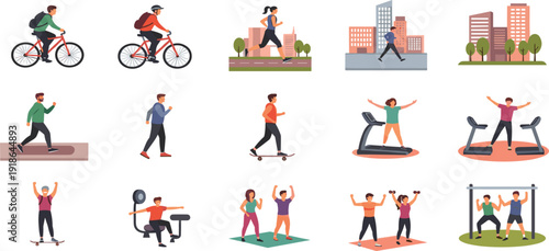 Flat vector collection of active people doing sports like running cycling gym workout and skateboarding for fitness and health concepts.