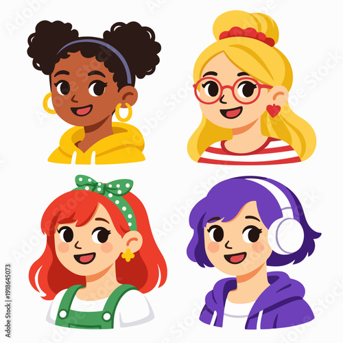 Cartoon Female Avatar Faces Set with Diverse Hairstyles and Expressions