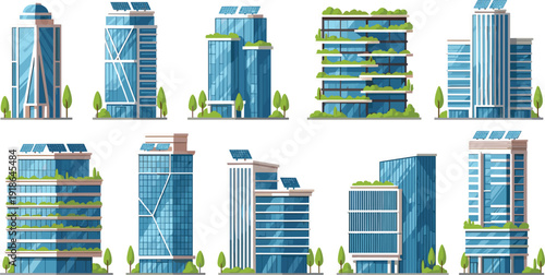Modern eco-friendly skyscraper vector set featuring glass office buildings with vertical gardens, solar panels, and sustainable green architecture.