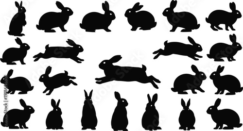 Twenty rabbit silhouettes in various poses, detailed wildlife vector illustration, minimal nature design for decorative art, isolated graphic icon