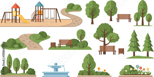 Modern urban park vector set featuring children's playground equipment, garden paths, park benches, water fountains, and diverse green trees.