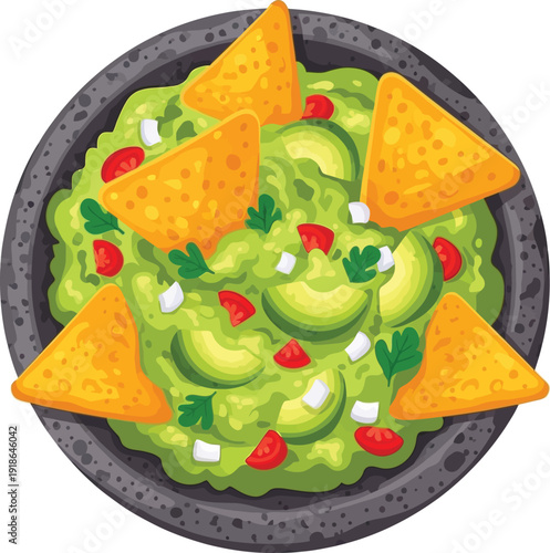 Illustration of Guacamole Dip with Tortilla Chips in Bowl