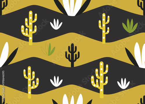 Seamless pattern with stylized desert cacti and plants on mustard yellow and dark grey wavy hills.