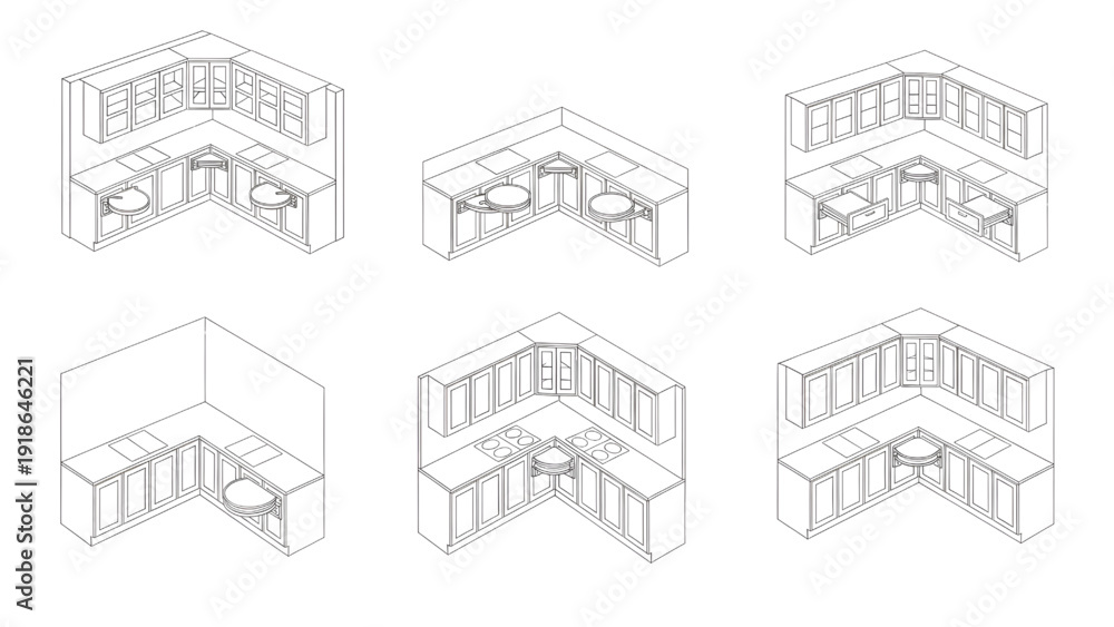 Fototapeta premium Corner Kitchen Cabinet Layout Vector Set – L Shaped & U Shaped Plan View Outline Pack