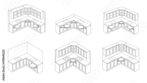 Corner Kitchen Cabinet Layout Vector Set – L Shaped & U Shaped Plan View Outline Pack