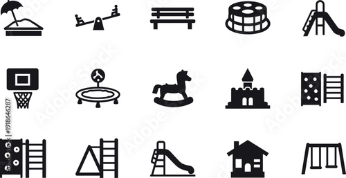 Vector silhouette icons of playground equipment including slides, swings, seesaw, climbing frames, sandbox, trampoline, basketball hoop design