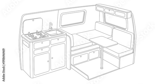 Camper Van Interior Kitchen and Seating Area.