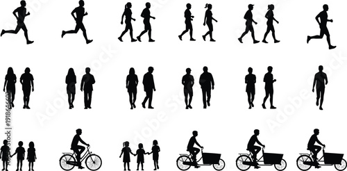 Vector silhouette illustration of people walking, running, jogging, cycling, families and children in motion, urban mobility lifestyle design