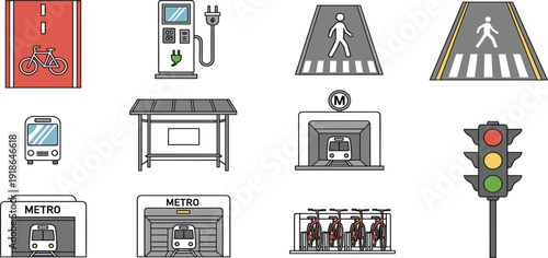 Urban infrastructure vector icon set with metro stations, bus stops, pedestrian crossings, electric vehicle charging points, bike lanes, and traffic lights.