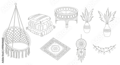 Hand drawn home decor and furniture illustrations.