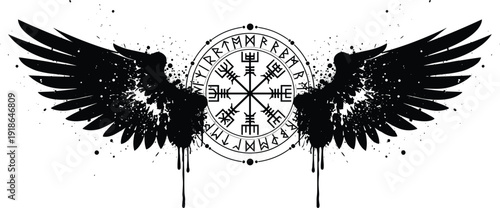 Vegvisir Viking compass silhouette vector illustration with stylized wings, Norse mythology artwork design, decorative black drawing