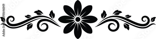 Black floral ornamental swirl design with central flower
