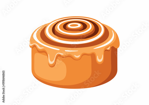 Vibrant Digital Vector Illustration of a Glossy Cinnamon Roll with Spiral Orange Topping and Drizzled White Glaze – Studio Bakery Scene