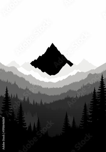 Vector Illustration of Layered Mountains and Forest in Black and White with Depth and Texture