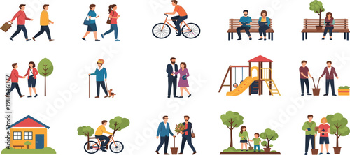 Urban park and garden landscape vector icons featuring green trees, public benches, outdoor gazebos, garden houses, and city greenery set.