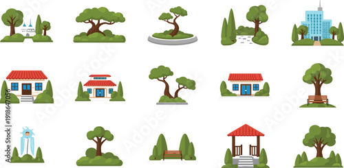 Urban park and garden landscape vector icons featuring green trees, public benches, outdoor gazebos, garden houses, and city greenery.