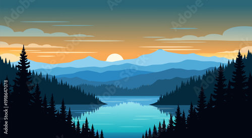 Serene Lake Landscape with Mountains Trees and Vibrant Sunset Sky - Vector Illustration