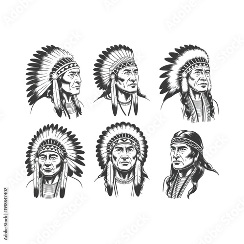 Native American chief portraits vector set, vintage black and white illustration with traditional feather headdress, graphic