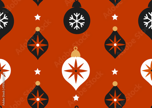 Christmas seamless pattern with festive baubles and stars on red background