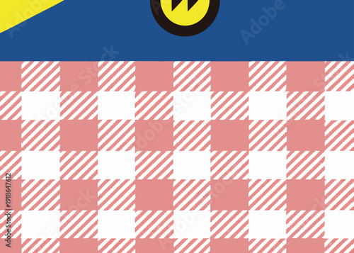 Pink and white checkered pattern with a blue horizontal bar and a yellow corner accent