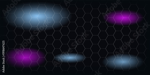 Dark hexagon abstract technology background with blue and pink colored bright flashes under hexagon. Hexagonal gaming vector abstract tech background.