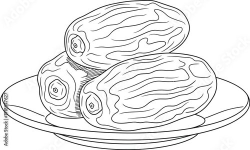 Minimalist hand-drawn outline of dates on a plate a versatile vector element for healthy food blogs Ramadan graphics or restaurant menus
