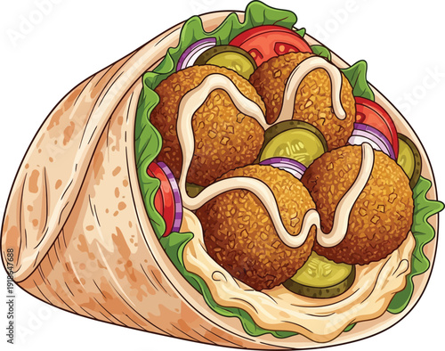 Falafel Wrap with Vegetables and Tahini Sauce Illustration