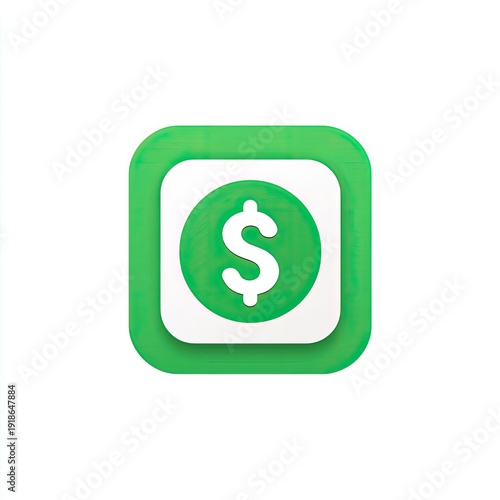 Green, white, and square emblem with rounded edges. White dollar sign in a green circle