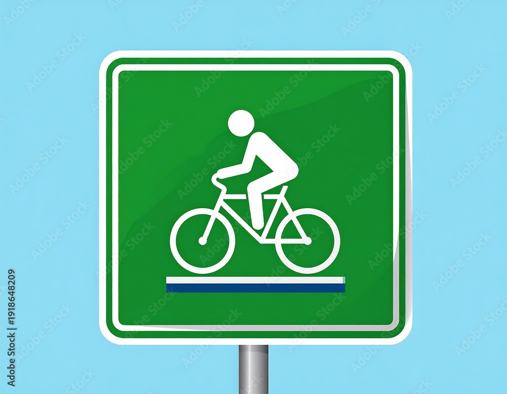 Fototapeta premium A green road sign with a white bicycle icon on a blue background