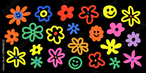 Colorful doodle flowers and smiling faces against a black background