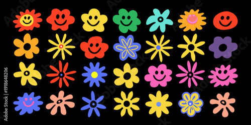 Colorful flower and smiley face doodles arranged in a grid pattern