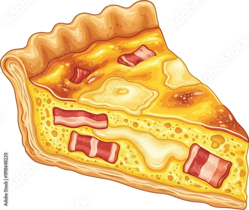 Quiche Lorraine Slice Illustration with Bacon and Cheese Filling