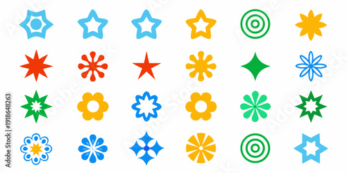 Colorful assortment of various star and floral shaped icons on white