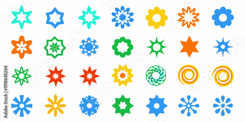 Collection of colorful stylized floral and starburst shaped icons