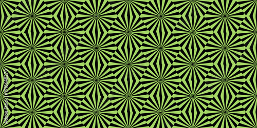 A repeating optical illusion pattern of green and black triangles