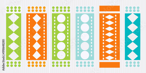 Colorful geometric patterns arranged in vertical rectangular columns