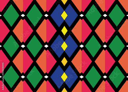 Vibrant harlequin pattern featuring colorful green pink and blue diamond geometric shapes