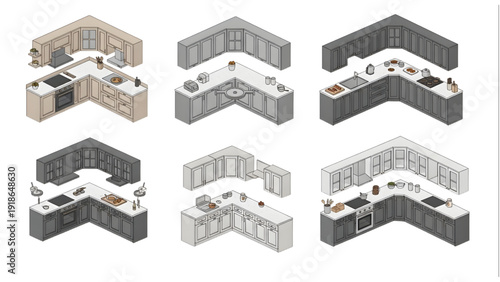 Kitchen Corner Cabinet Vector Set – Modular L Shaped & U Shaped Plan View Designs