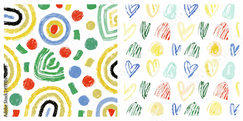 Colorful childlike drawings and shapes create a playful pattern