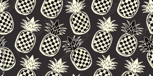 Seamless pattern of sketched pineapples with checkered designs on a dark background