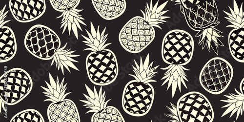 Seamless pattern of sketched pineapples on a dark background