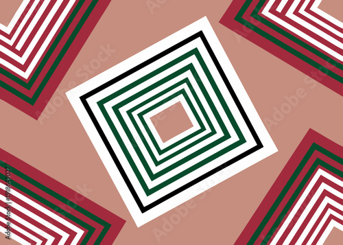 Geometric abstract pattern with nested squares in red green white and black on a beige background.