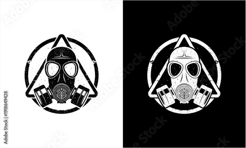 Gas Mask Emblem Design with Warning Triangle and Circle Frame.