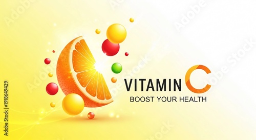 Vitamin C orange slice with colorful balls on yellow background