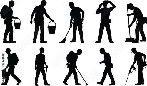 Construction and maintenance worker silhouettes set, professional laborers with buckets tools and cleaning equipment, industrial service workforce black vector illustration isolated