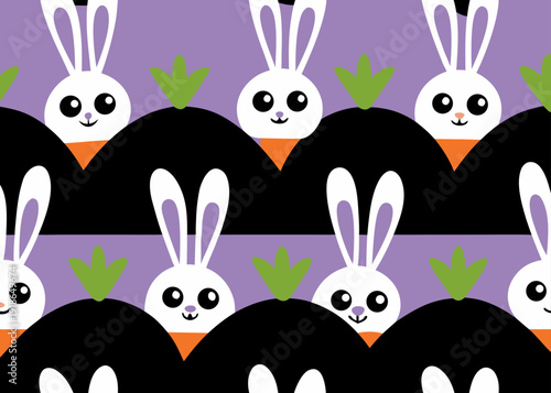Seamless pattern of cute white rabbits popping out from behind black hills on a purple background.