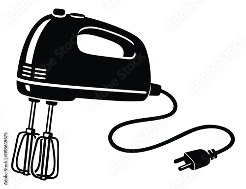 Line art illustration of a hand mixer depicting an electric kitchen appliance for baking and cooking